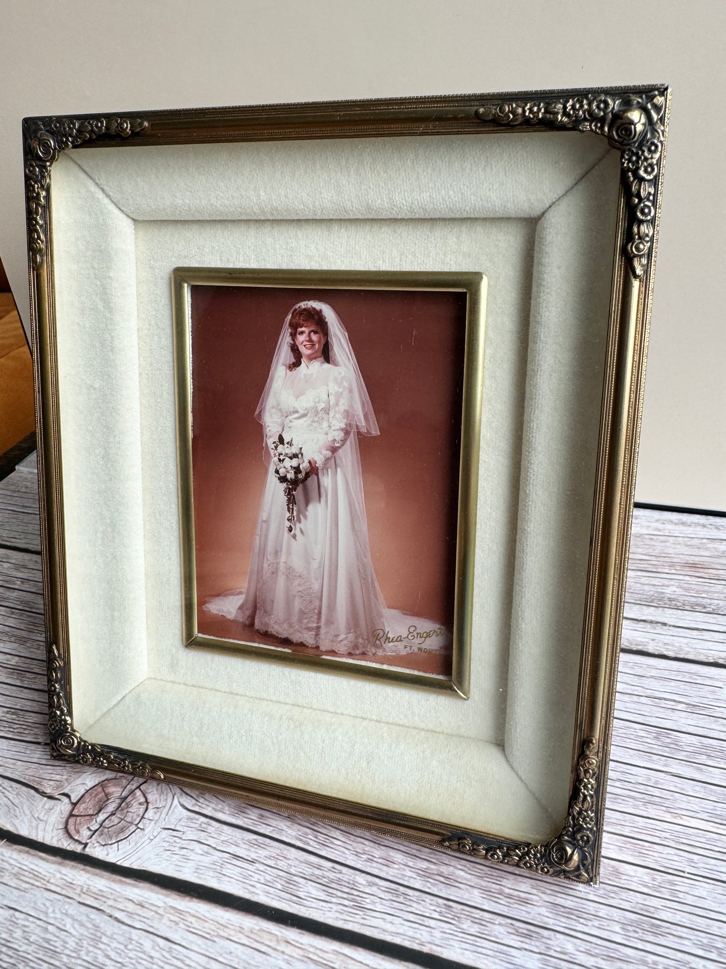 Vintage Bridal Portrait Frame with Velvet Mat & Gold Roses | Shadow-Box Depth