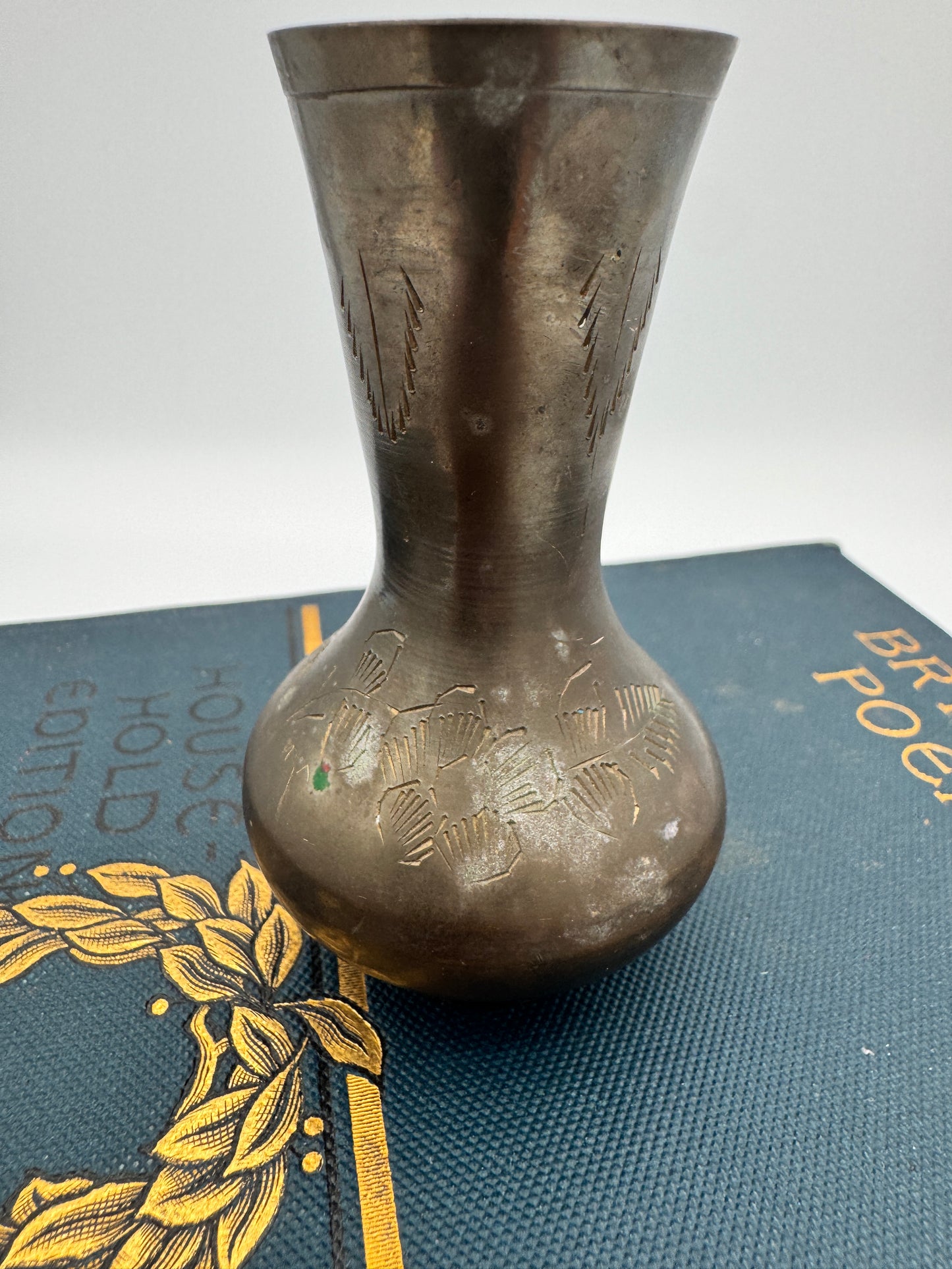 Etched Brass Bud Vase - 3" Tall, Dark Patina