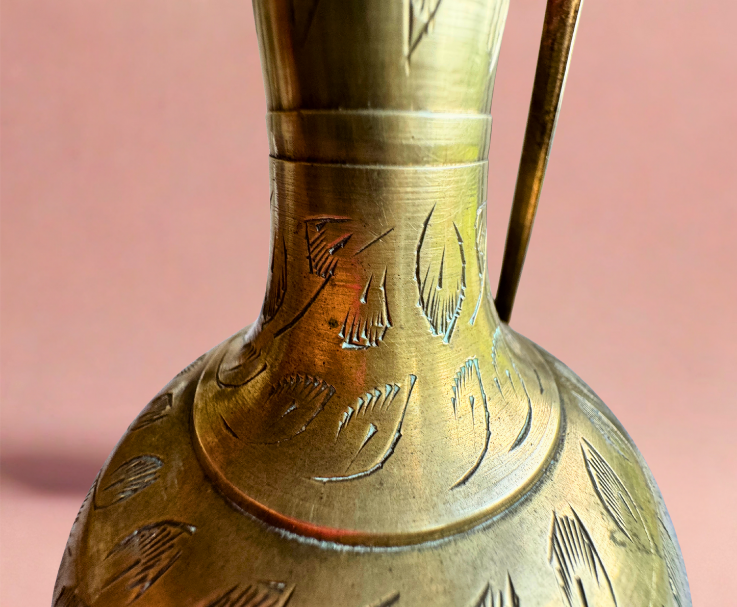 Hand-Engraved Brass Ewer Pitcher – Ornate Floral Detailing, 10.25” Tall