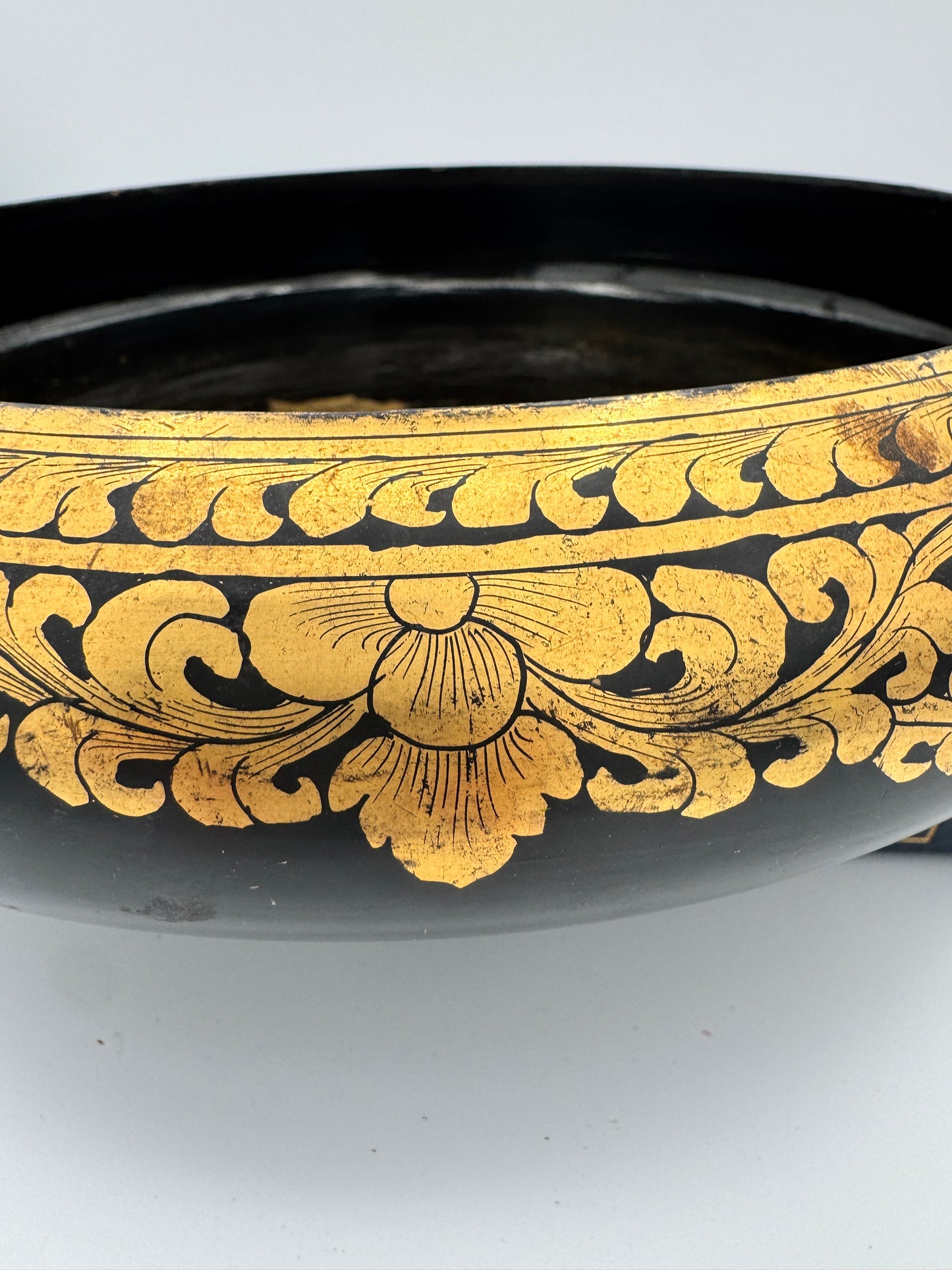 Burmese Black Lacquer Bowl with Chinthe Motif - Hand-Painted Gold Asian Art