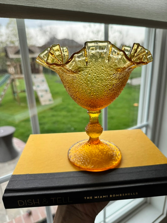 Fenton Tree of Life Amber Glass Compote – Ruffled Edge