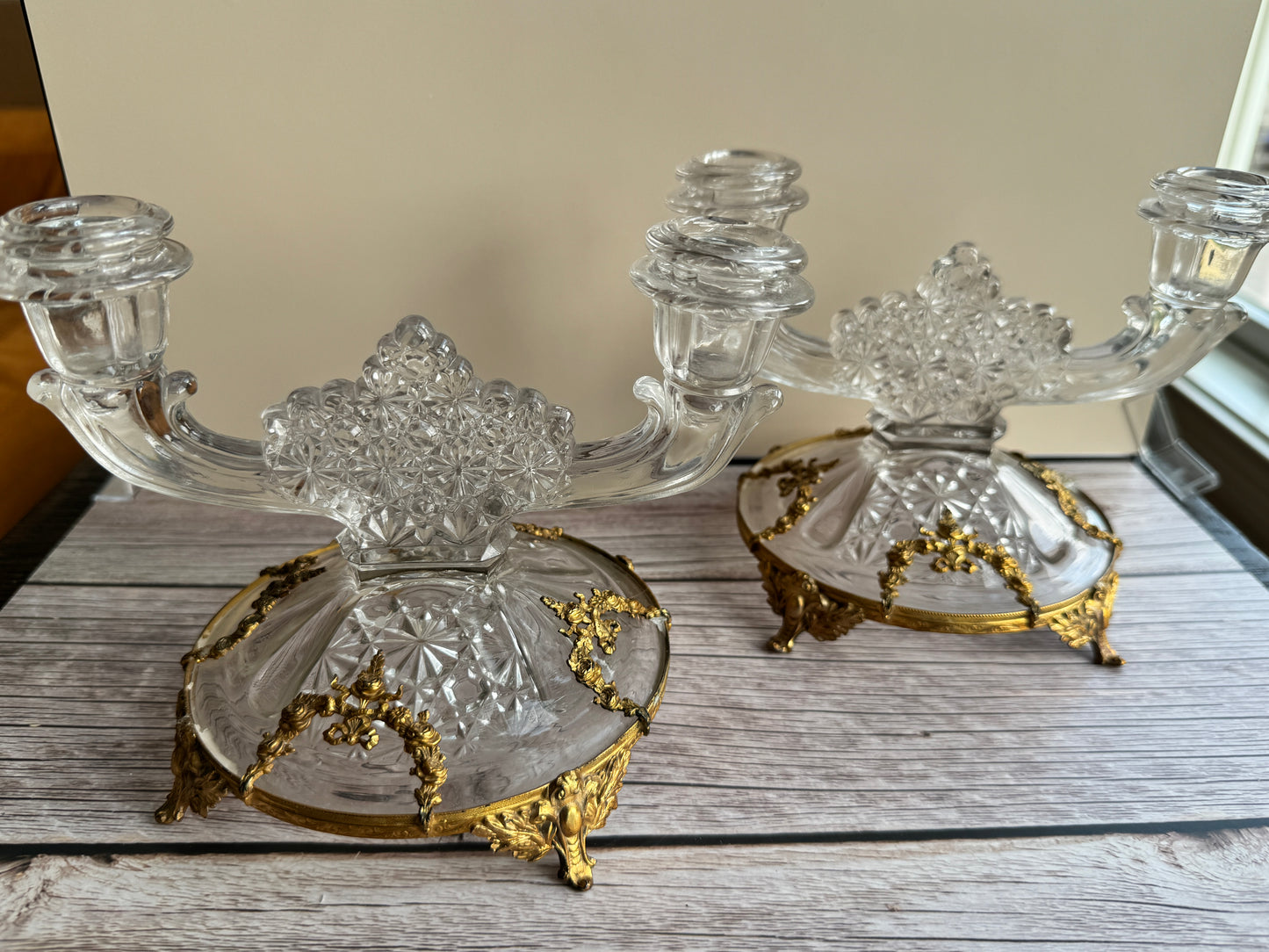 Vintage Cut Glass Bowl & Candlestick Set with Ornate Gilt Filigree Bases