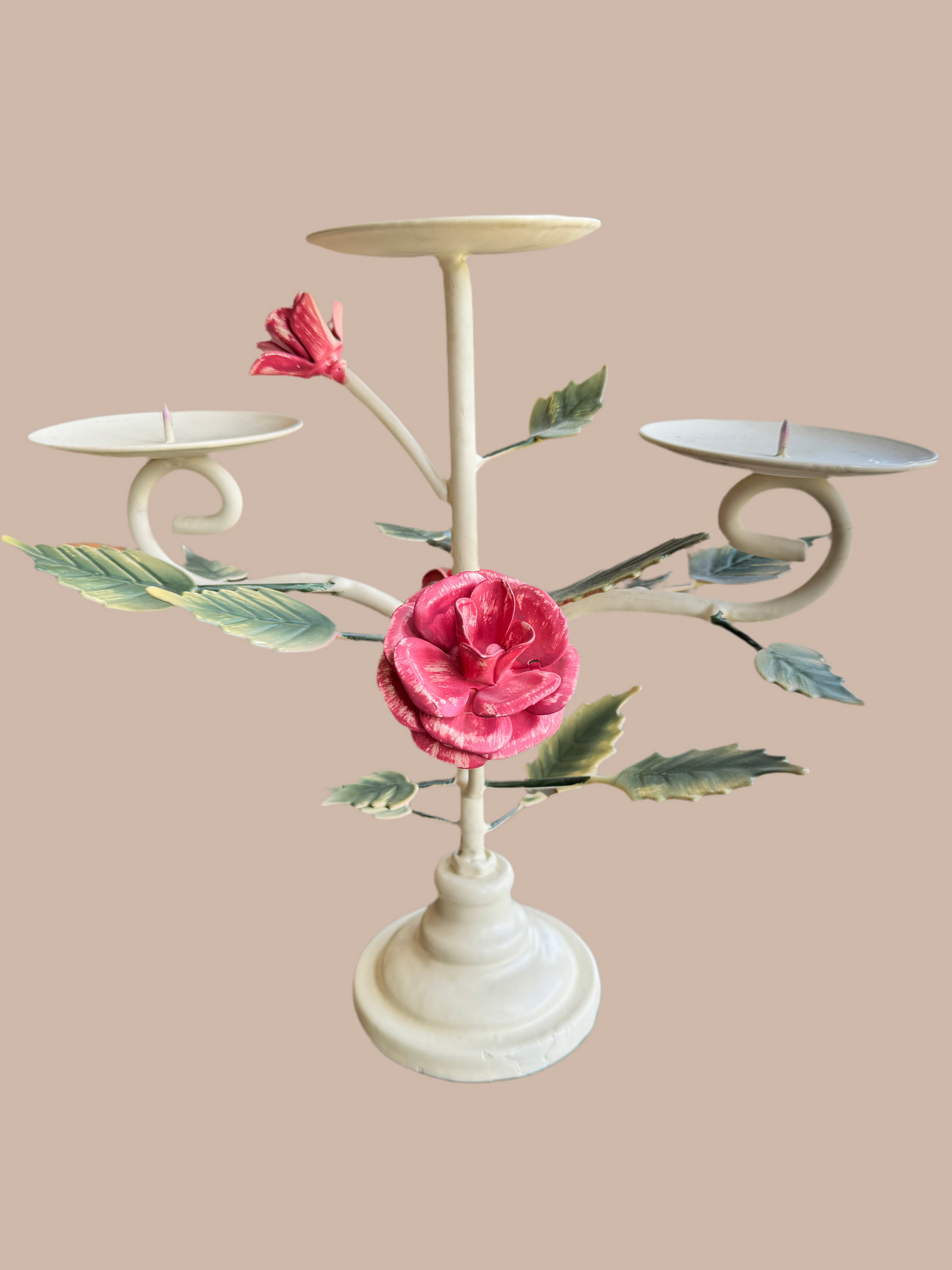 Hand-painted Italian Toleware Floral Candlestick – Vintage White Metal Roses & Leaves