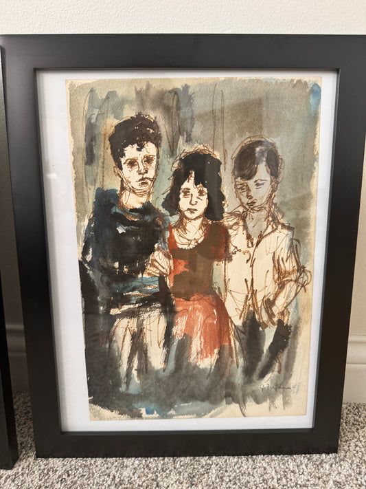 Signed Joni T. Johnson Watercolor – Three Children  Portrait (Indiana Artist, 1934–1988)