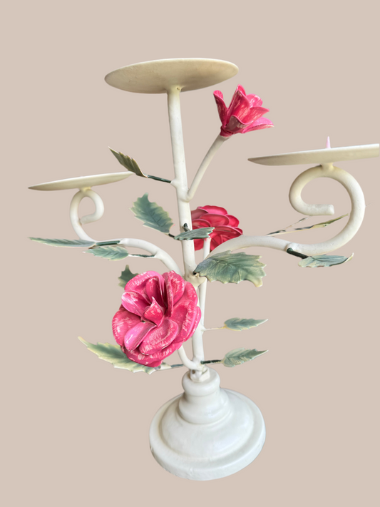 Hand-painted Italian Toleware Floral Candlestick – Vintage White Metal Roses & Leaves