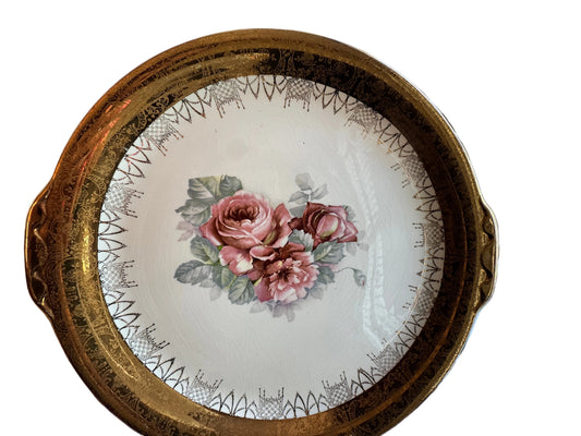 Curated Vintage Ceramic Platter & Napkin Ring Set – 22k Gold Rim + Crazed Glaze