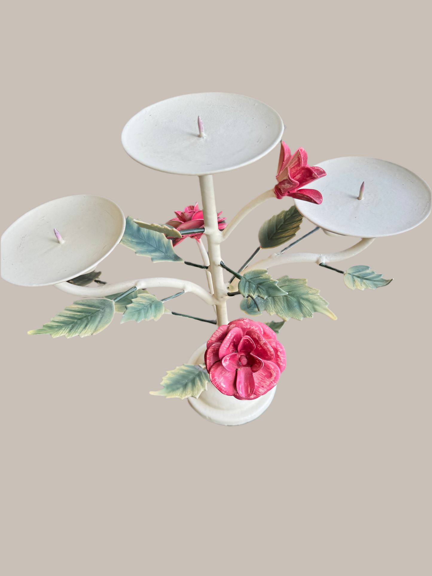 Hand-painted Italian Toleware Floral Candlestick – Vintage White Metal Roses & Leaves