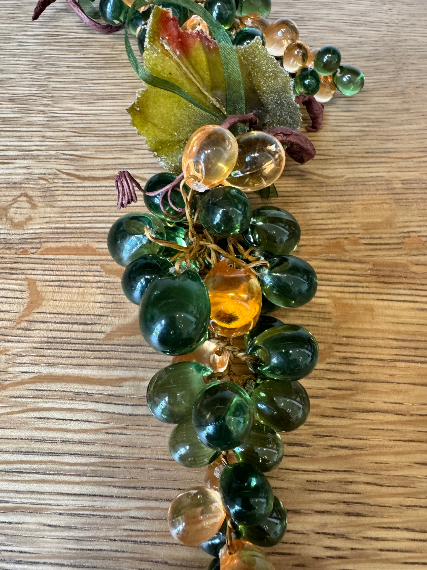 Vintage Glass Grape Clusters – Green & Amber Beads with Velvet Leaves, 8” Tall