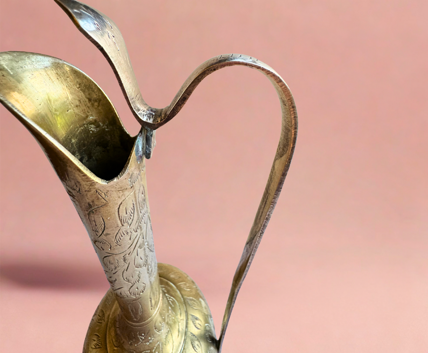 Hand-Engraved Brass Ewer Pitcher – Ornate Floral Detailing, 10.25” Tall