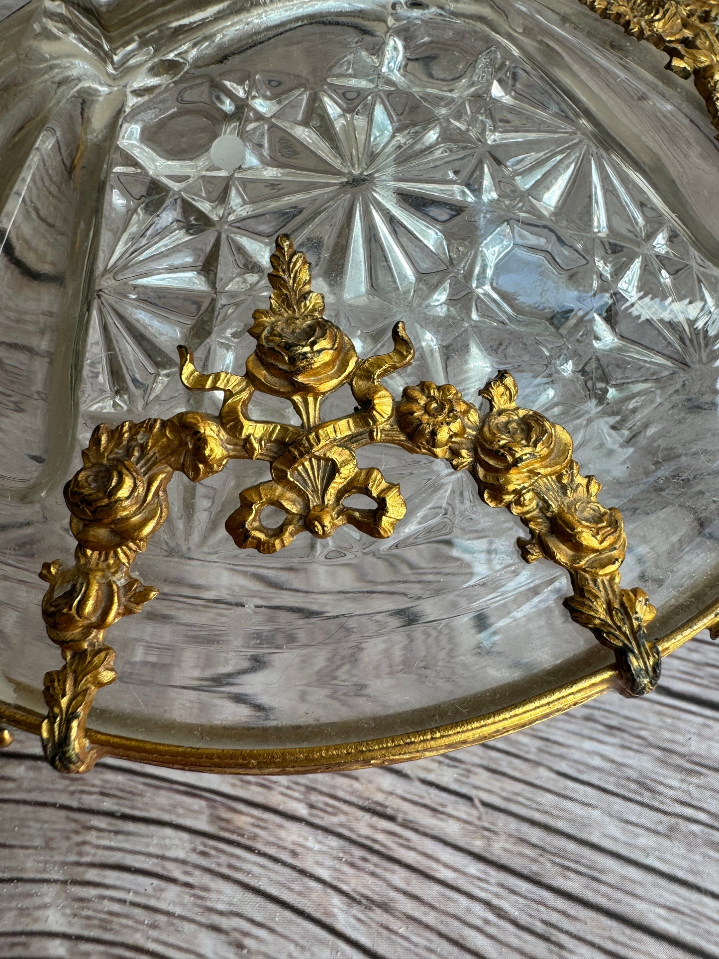 Vintage Cut Glass Bowl & Candlestick Set with Ornate Gilt Filigree Bases