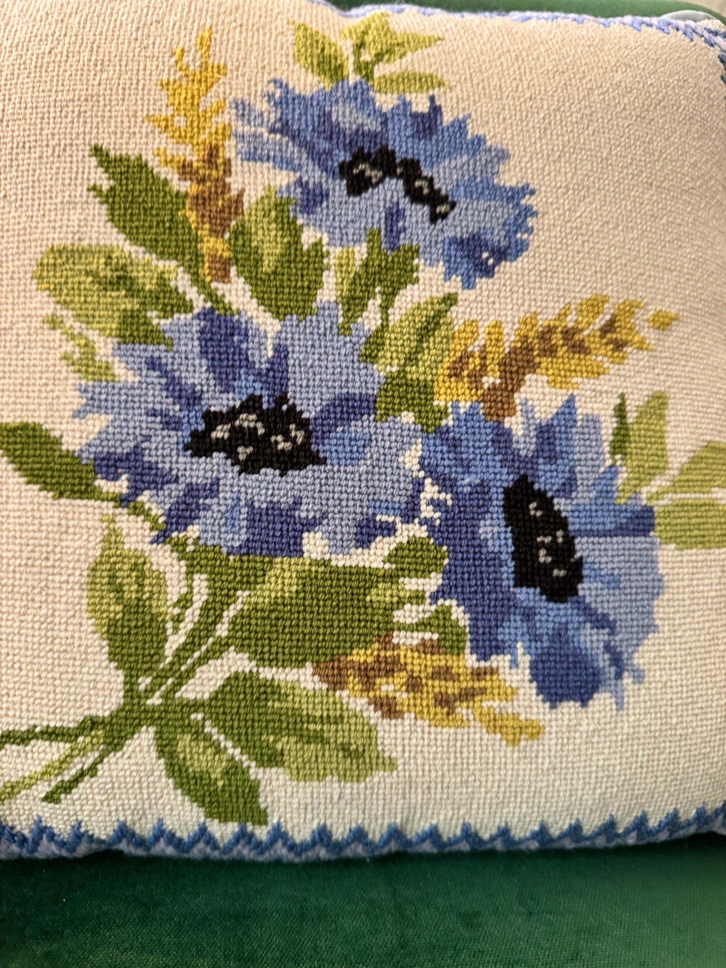 Vintage 1976 Minerva Blue Floral Needlepoint Pillow – 14” Square