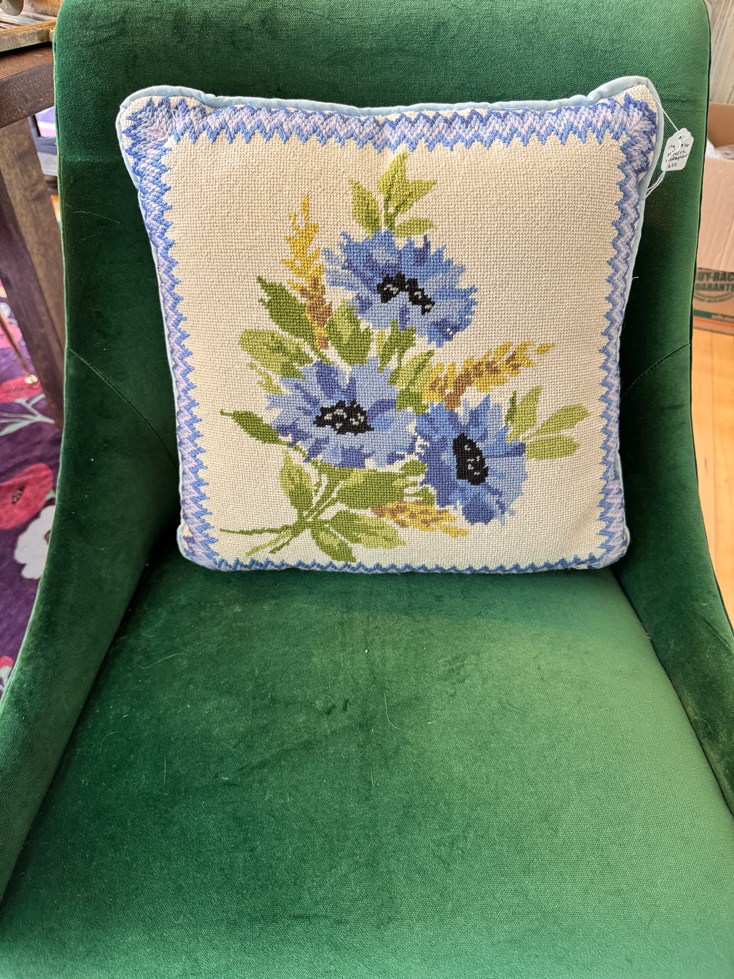 Vintage 1976 Minerva Blue Floral Needlepoint Pillow – 14” Square