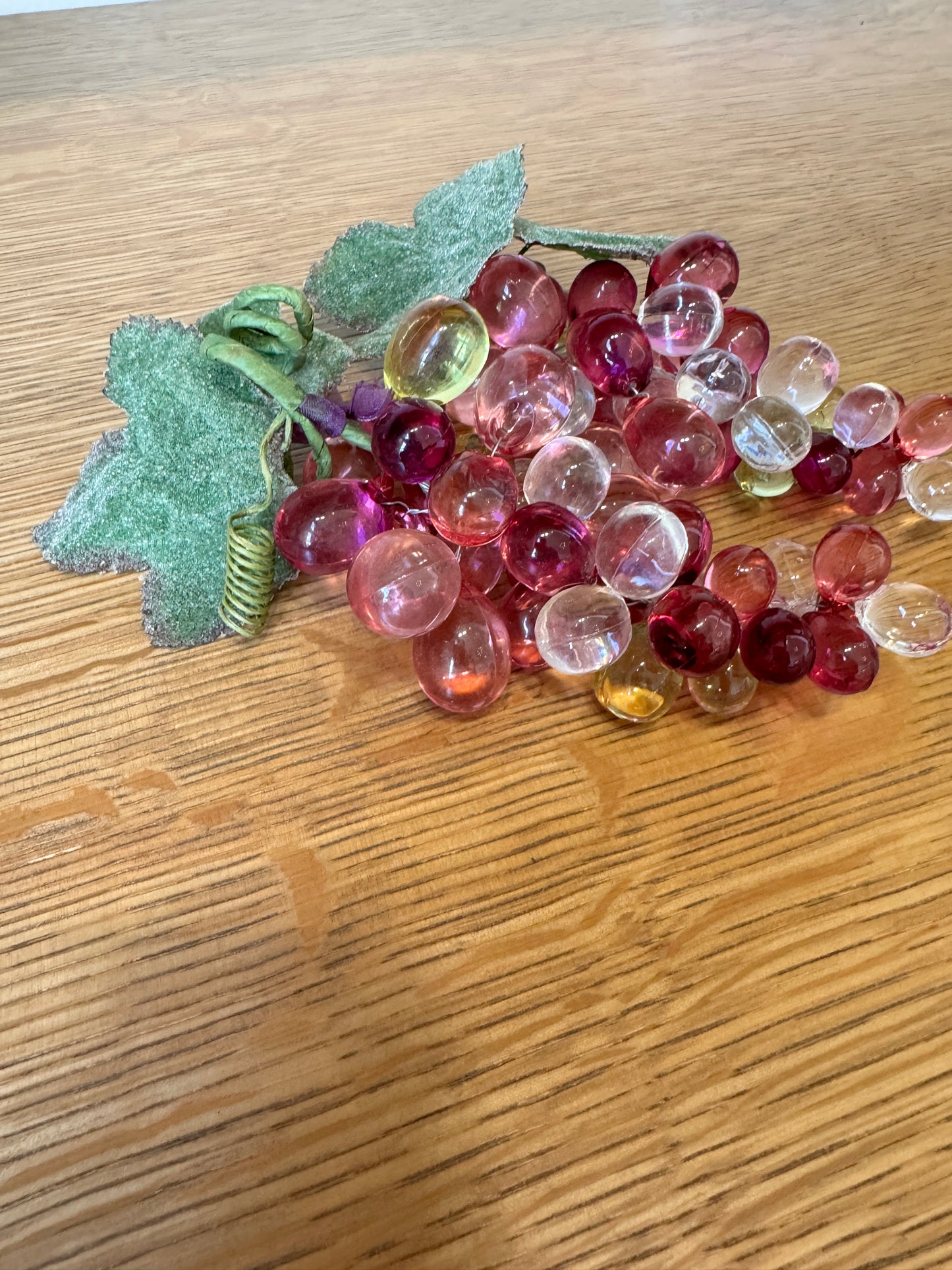 Pair of Vintage Acrylic Grape Clusters – Purple & Clear, Faux Leaf, 7" Each