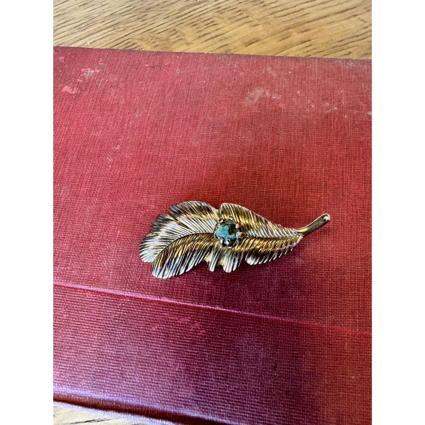 Vintage Feather Brooch with Green Glass Stone