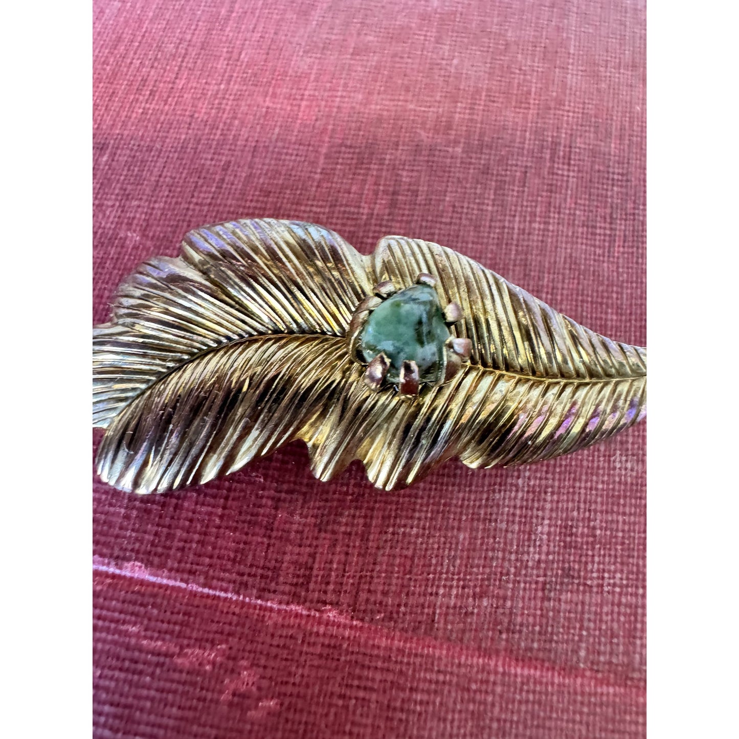 Vintage Feather Brooch with Green Glass Stone