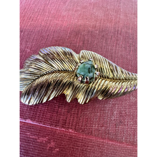 Vintage Feather Brooch with Green Glass Stone