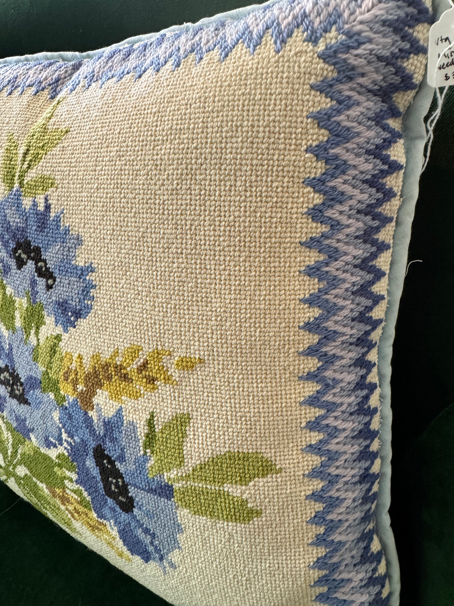 Vintage 1976 Minerva Blue Floral Needlepoint Pillow – 14” Square