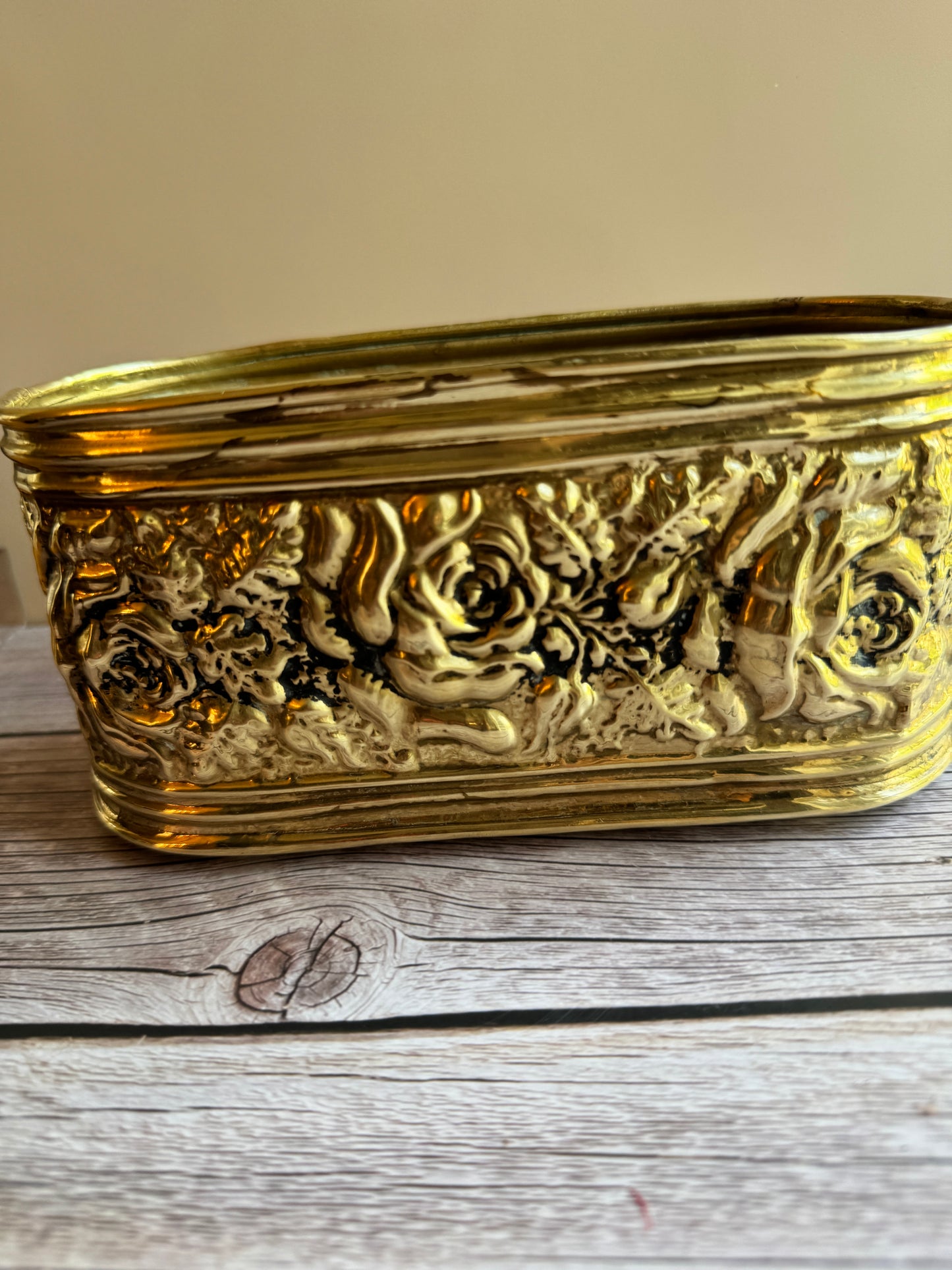 Vintage Embossed Brass Planter & Coaster Set – Made in England, Floral Detail, Patina