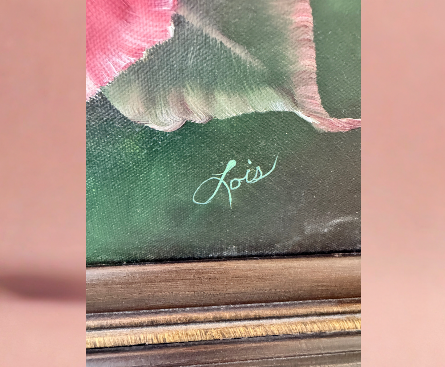 Pair of 1982 Signed Floral Oil Paintings by Lois Dill – Framed 18x24” Canvases