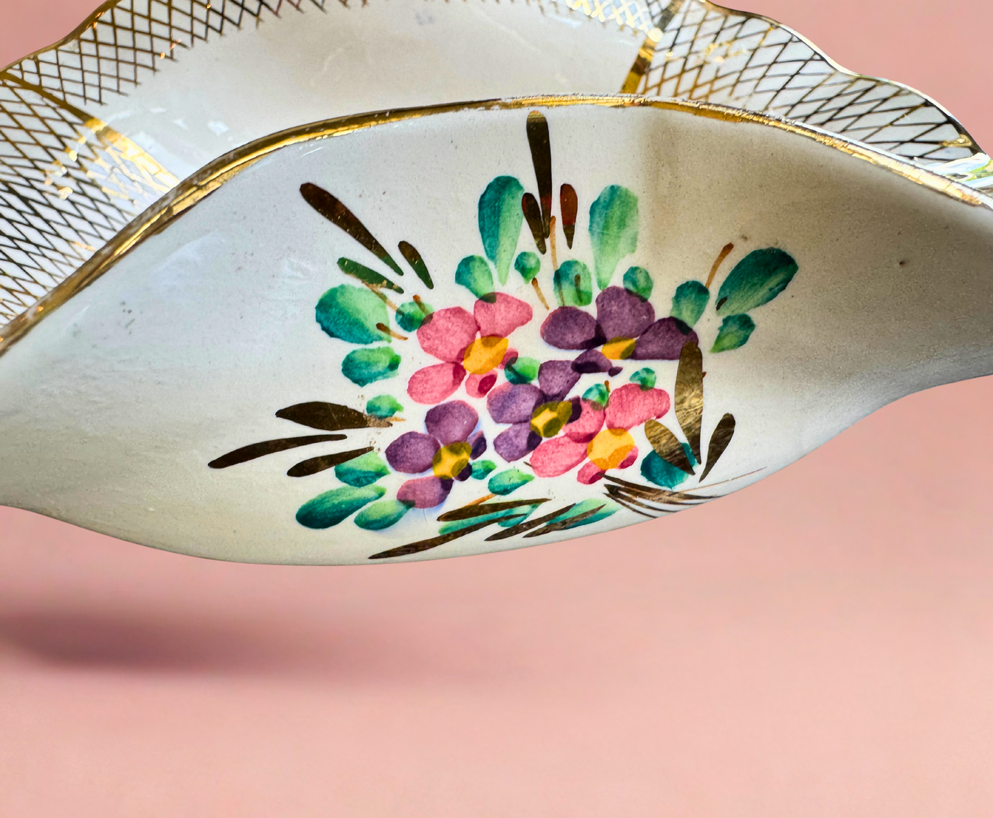 Vintage Belgium Ceramic Floral Leaf Dishes – Pair (Hand-Painted, Gold Lattice)