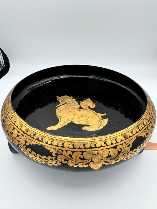 Burmese Black Lacquer Bowl with Chinthe Motif - Hand-Painted Gold Asian Art