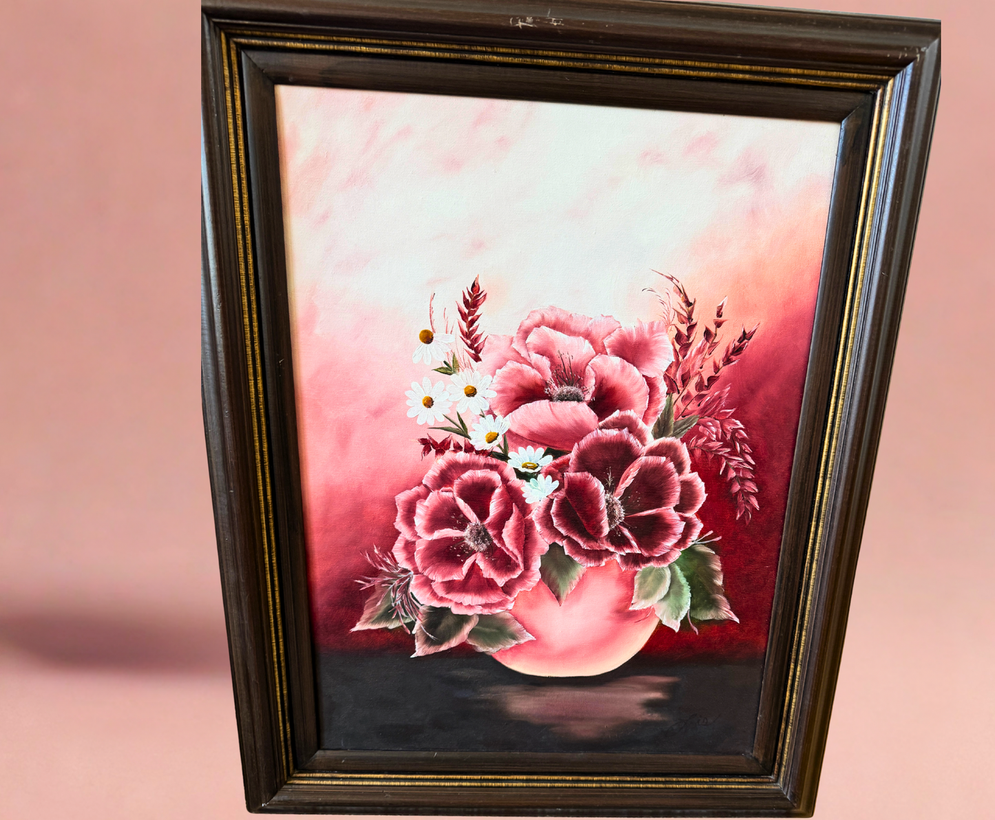 Pair of 1982 Signed Floral Oil Paintings by Lois Dill – Framed 18x24” Canvases
