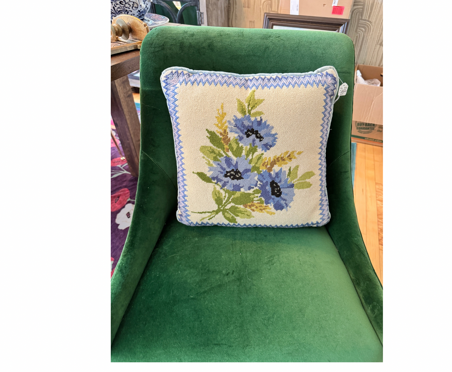 Vintage 1976 Minerva Blue Floral Needlepoint Pillow – 14” Square