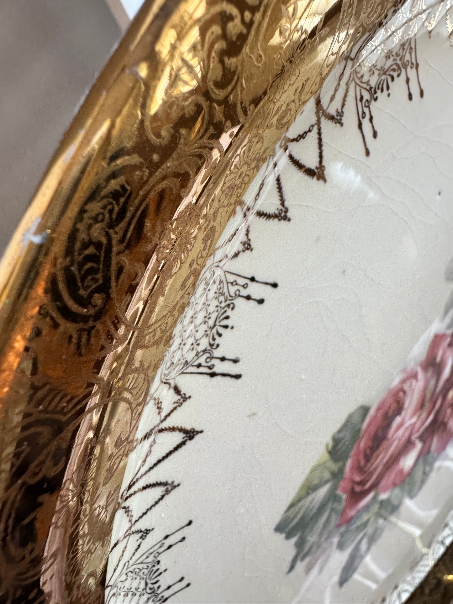 Curated Vintage Ceramic Platter & Napkin Ring Set – 22k Gold Rim + Crazed Glaze