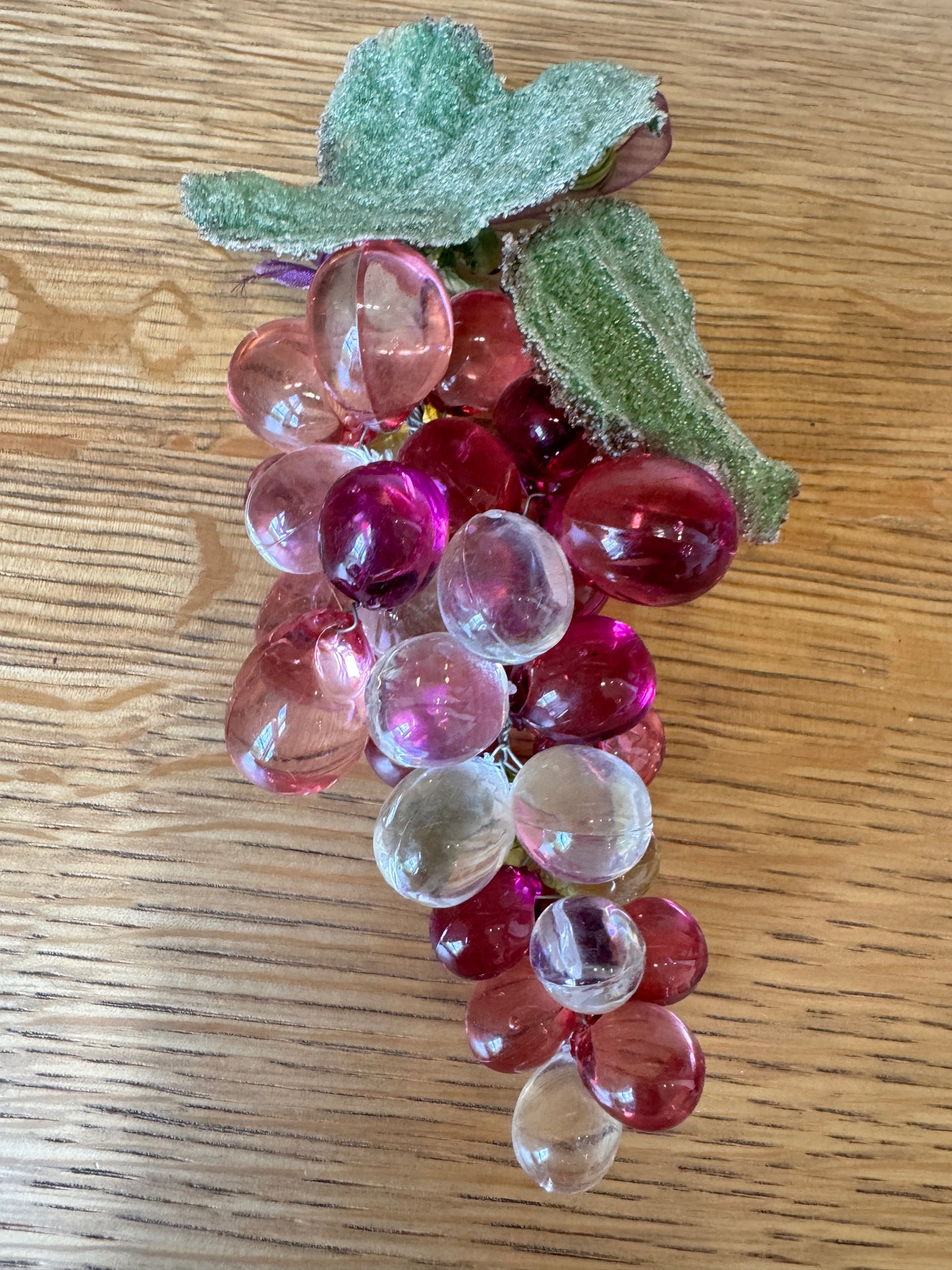 Pair of Vintage Acrylic Grape Clusters – Purple & Clear, Faux Leaf, 7" Each