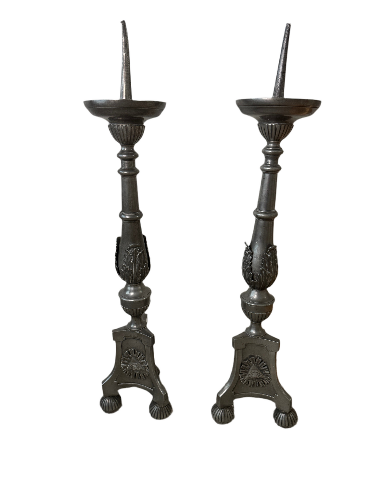 Pair of 26" Pewter-Tone Ornate Candlesticks - Marked WILMOTT - Eye Motif symbol
