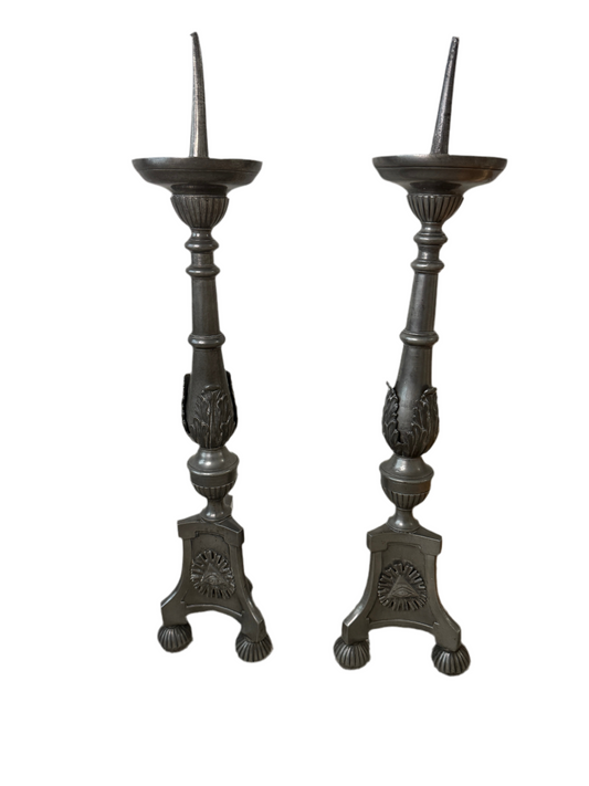 Pair of 26" Pewter-Tone Ornate Candlesticks - Marked WILMOTT - Eye Motif symbol