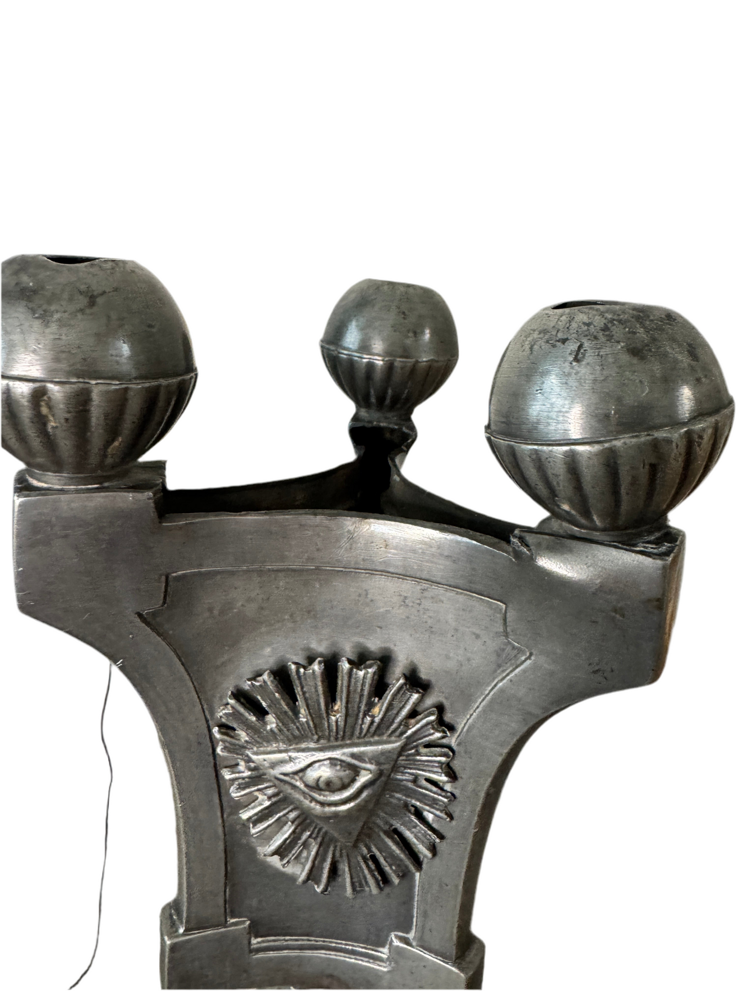 Pair of 26" Pewter-Tone Ornate Candlesticks - Marked WILMOTT - Eye Motif symbol