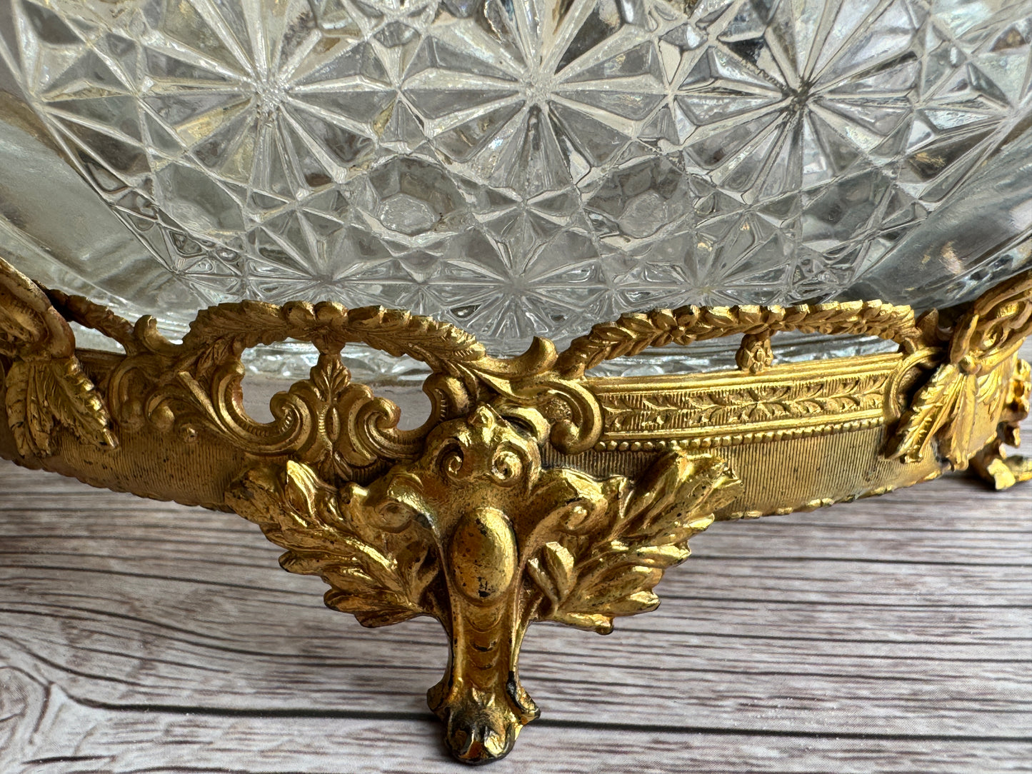 Vintage Cut Glass Bowl & Candlestick Set with Ornate Gilt Filigree Bases