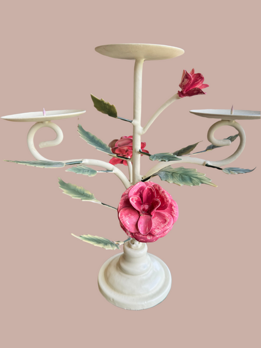 Hand-painted Italian Toleware Floral Candlestick – Vintage White Metal Roses & Leaves