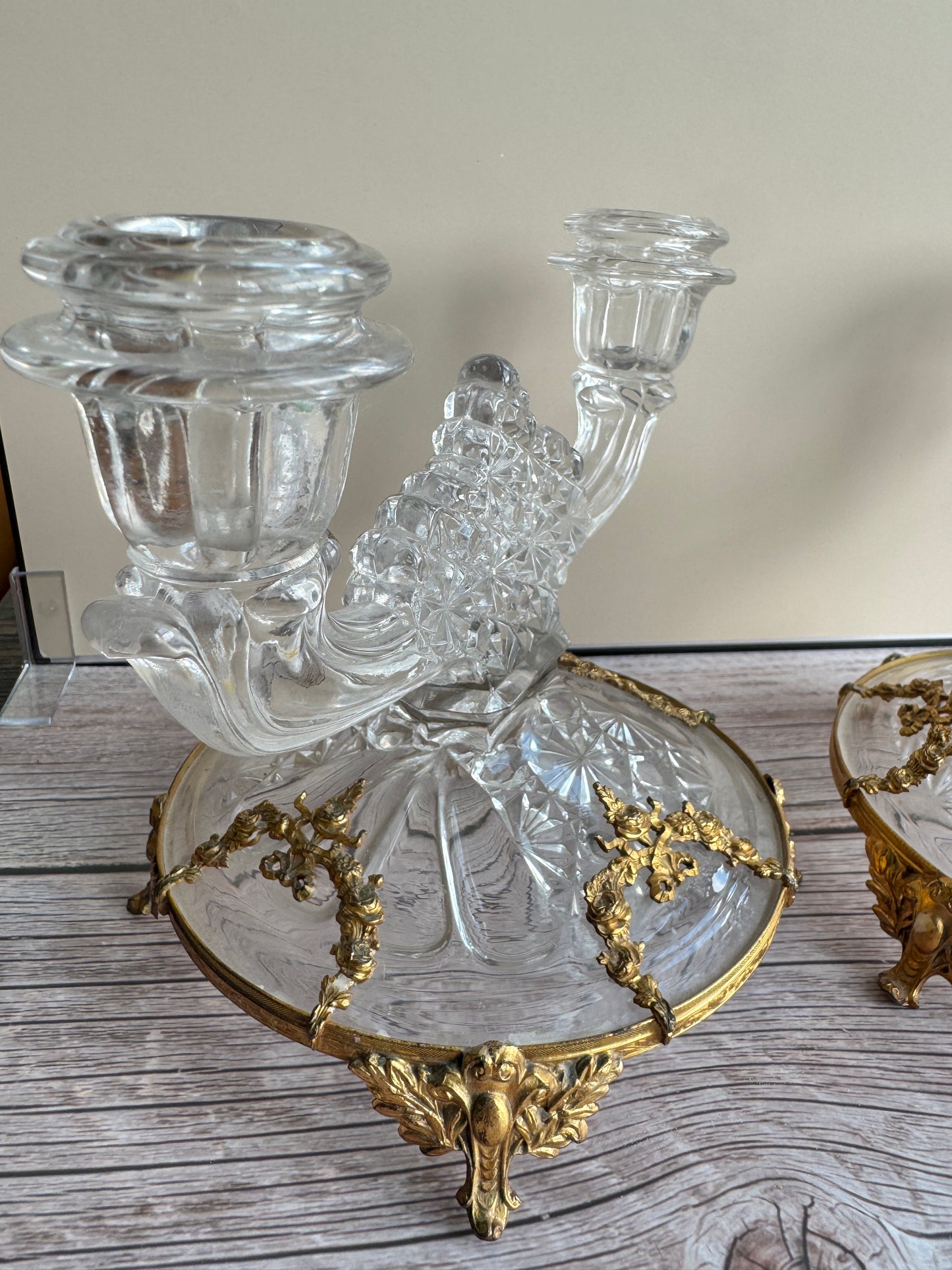 Vintage Cut Glass Bowl & Candlestick Set with Ornate Gilt Filigree Bases