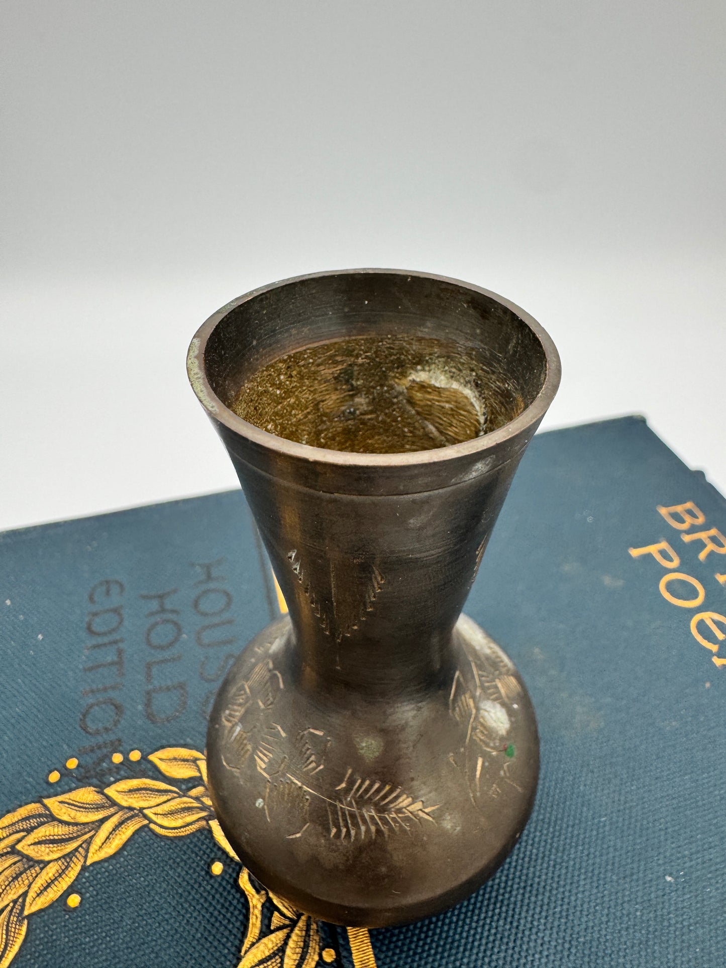 Etched Brass Bud Vase - 3" Tall, Dark Patina