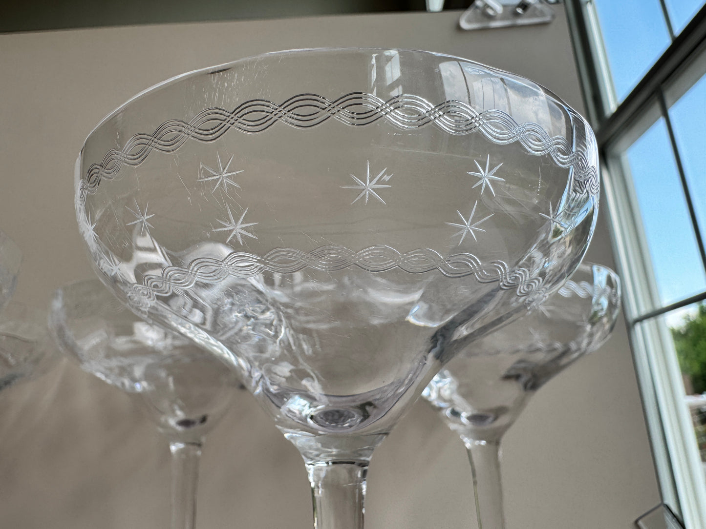 Set of 6 Vintage Etched Starburst Coupe Glasses | Mid-Century Cocktail or Champagne Saucers