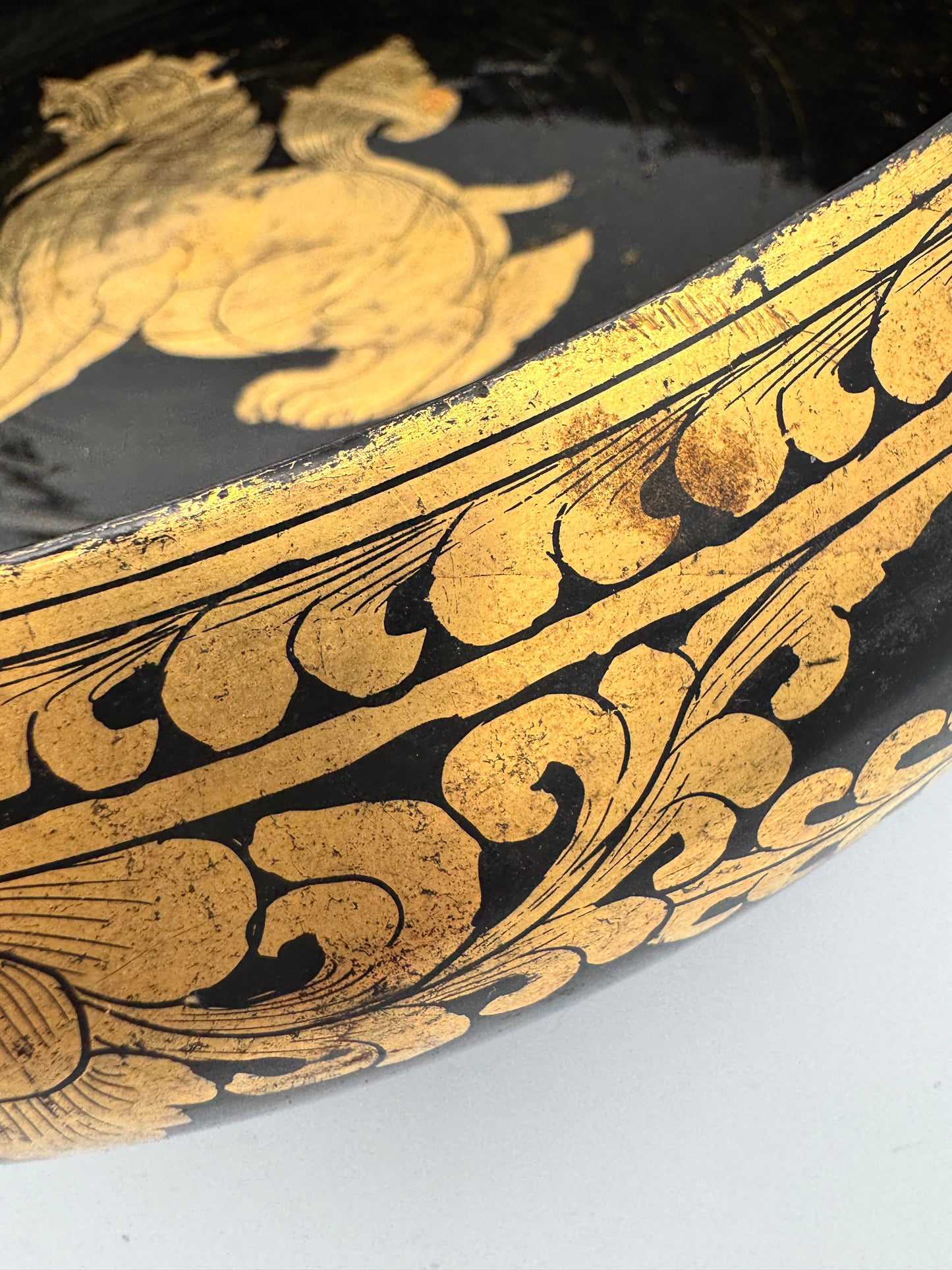 Burmese Black Lacquer Bowl with Chinthe Motif - Hand-Painted Gold Asian Art