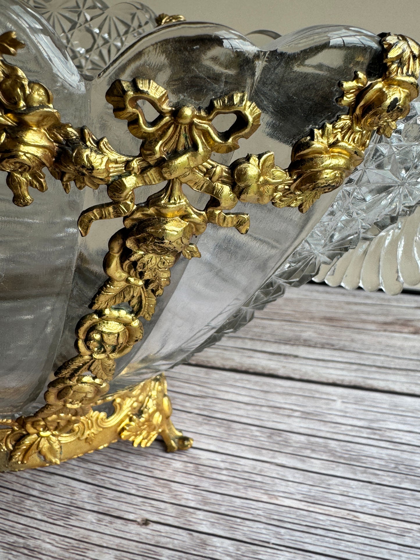 Vintage Cut Glass Bowl & Candlestick Set with Ornate Gilt Filigree Bases