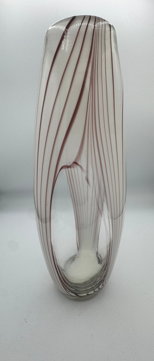 Handblown Art Glass Ribbon Vase – Murano Style Purple & White Swirl