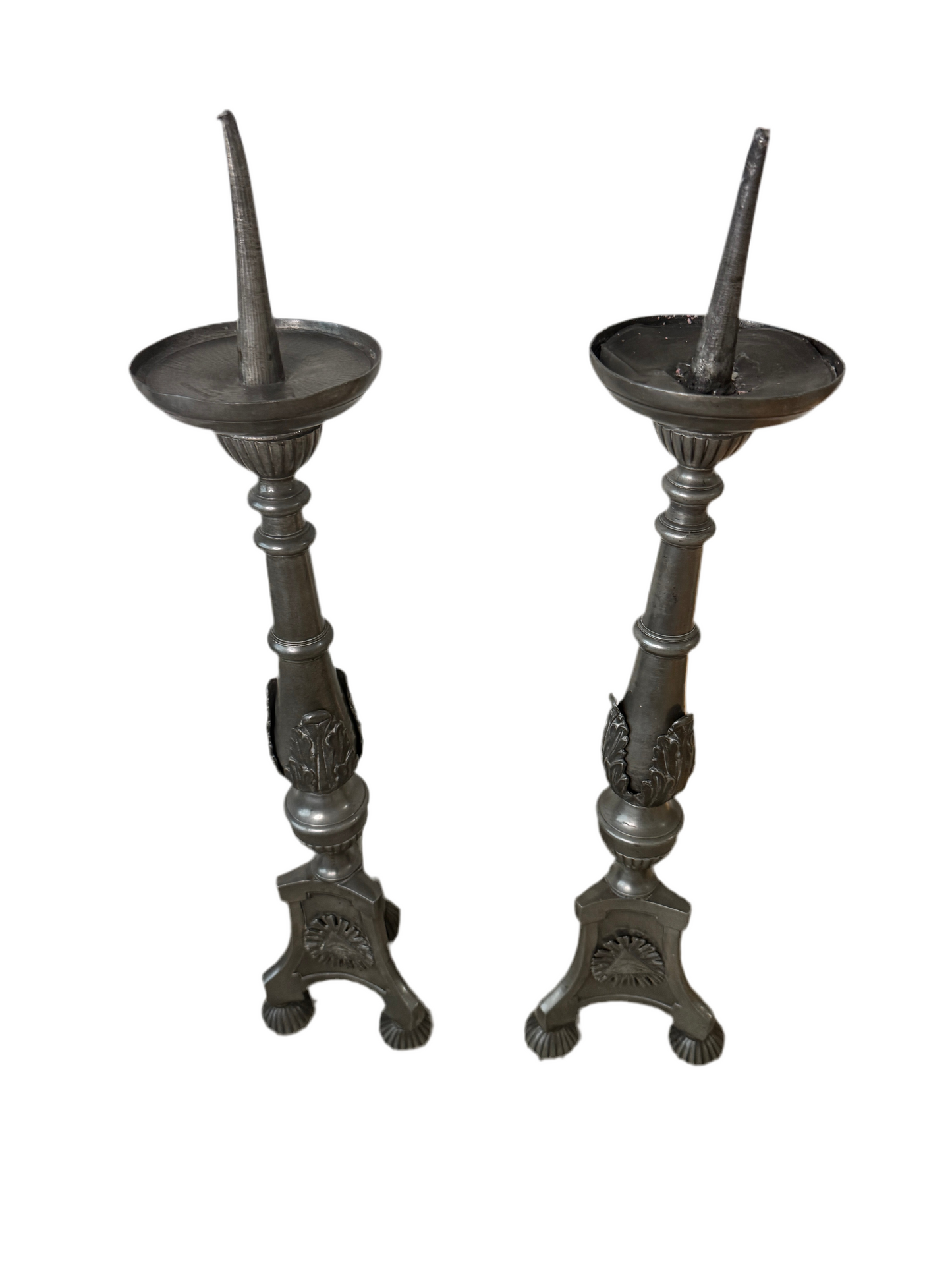 Pair of 26" Pewter-Tone Ornate Candlesticks - Marked WILMOTT - Eye Motif symbol
