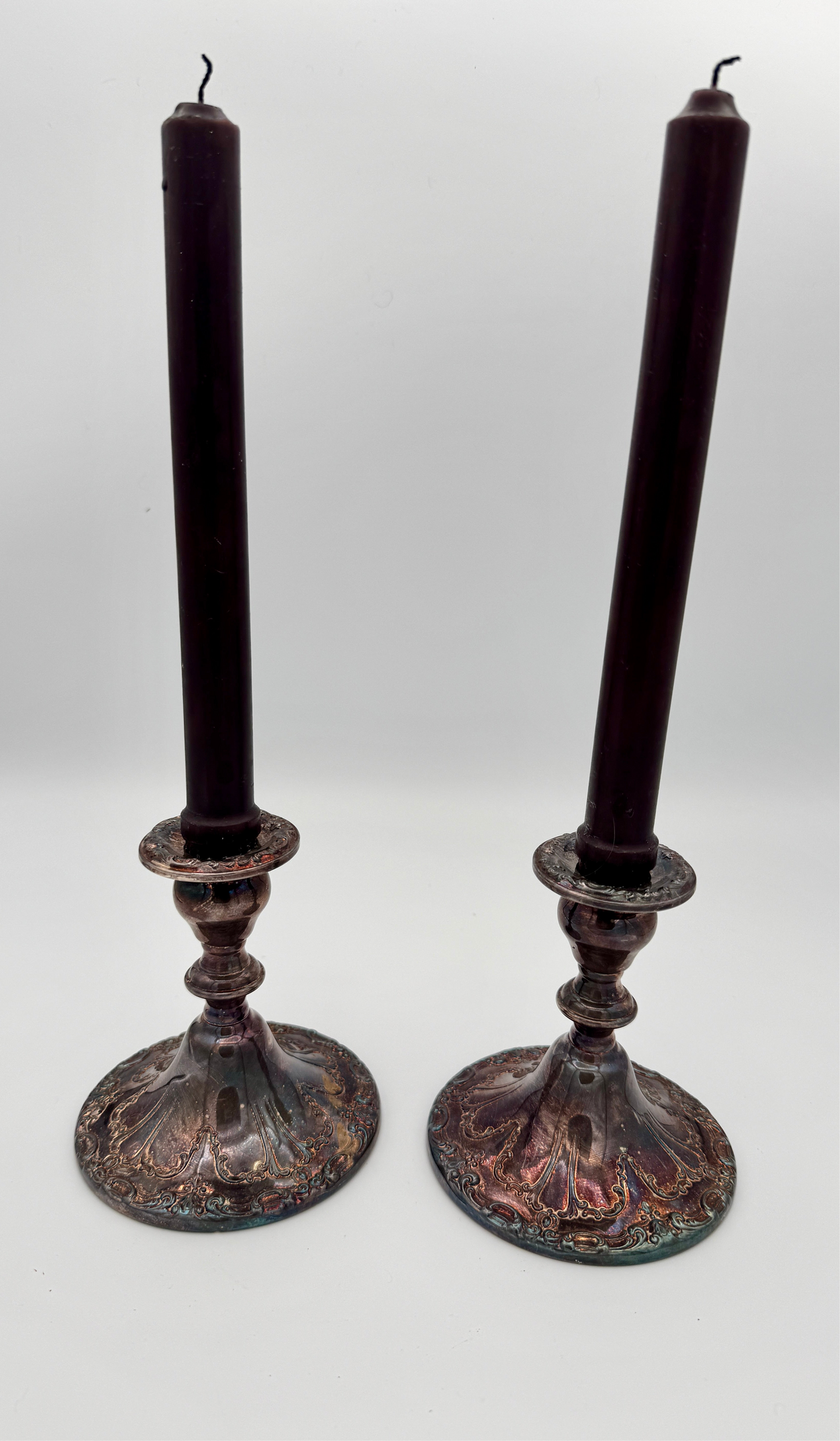 Vintage Gorham “Chantilly” Silver-Plated Candlestick Pair – Mid-Century Scrollwork