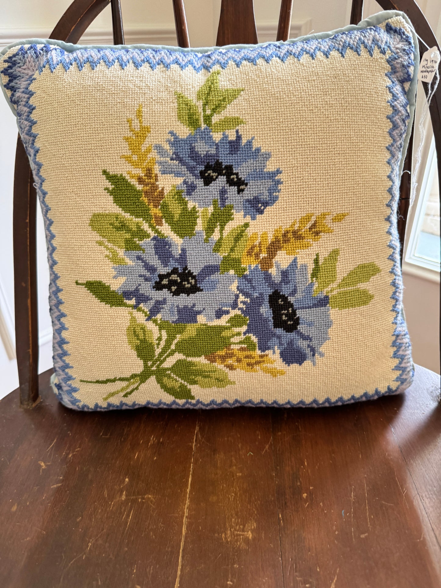 Vintage 1976 Minerva Blue Floral Needlepoint Pillow – 14” Square