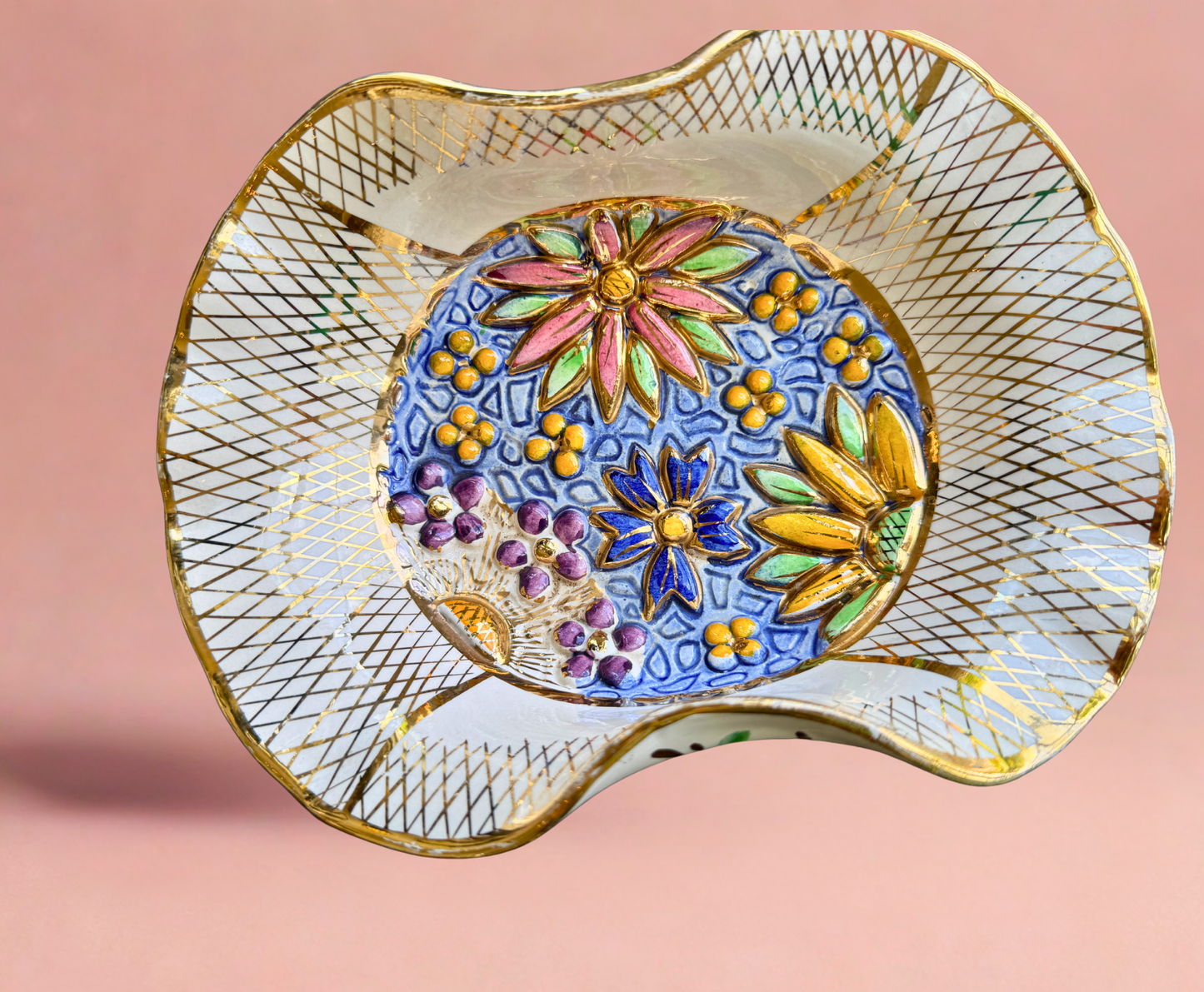 Vintage Belgium Ceramic Floral Leaf Dishes – Pair (Hand-Painted, Gold Lattice)