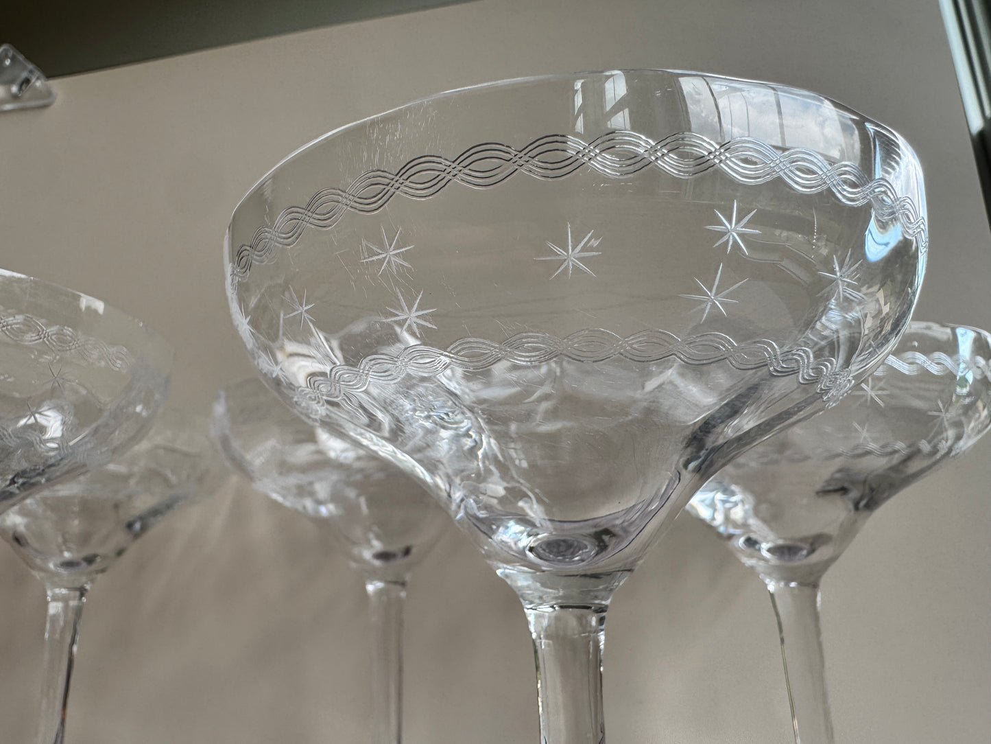 Set of 6 Vintage Etched Starburst Coupe Glasses | Mid-Century Cocktail or Champagne Saucers