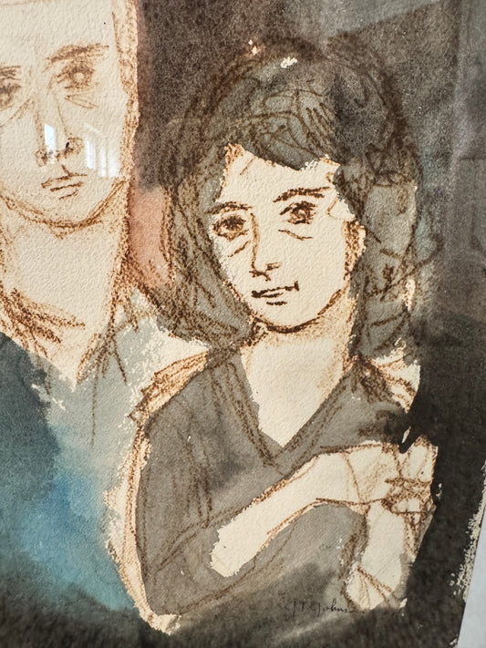 Signed Joni T. Johnson Watercolor – Couple Portrait (Indiana Artist, 1934–1988)