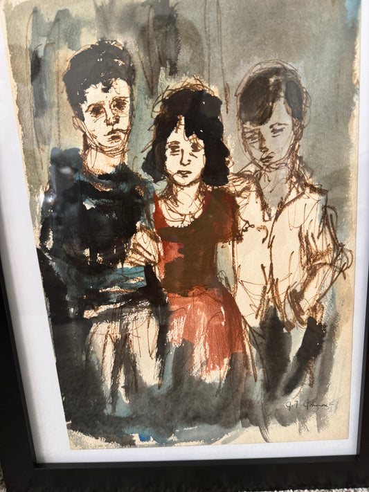 Signed Joni T. Johnson Watercolor – Three Children  Portrait (Indiana Artist, 1934–1988)