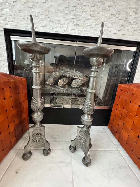 Pair of 26" Pewter-Tone Ornate Candlesticks - Marked WILMOTT - Eye Motif symbol