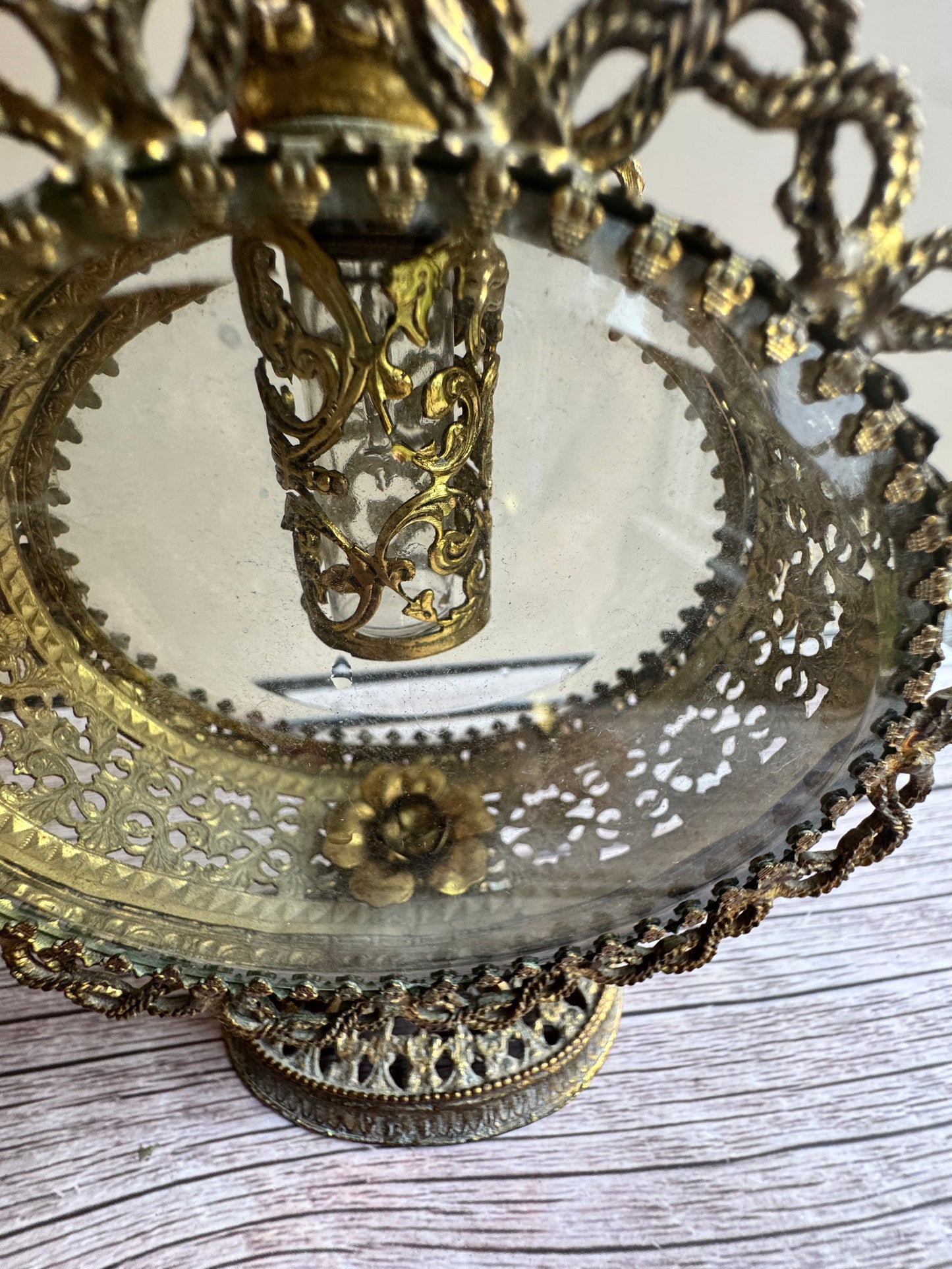Vintage Ormolu Perfume Bottle with Glass Lid & Original Insert | 1950s Vanity Collectible