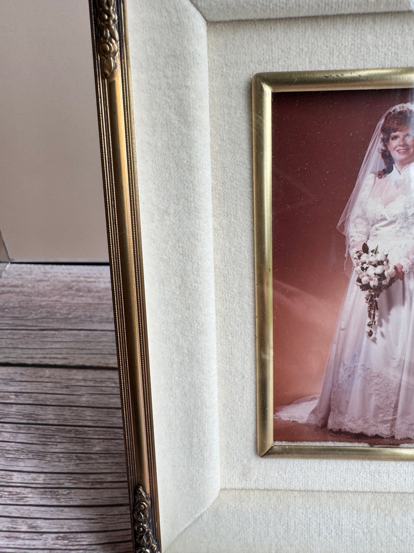 Vintage Bridal Portrait Frame with Velvet Mat & Gold Roses | Shadow-Box Depth